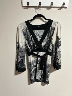Black & Cream Floral Tie-Waist Wrap Blouse